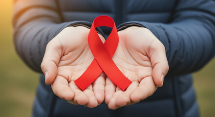 Hands holding red ribbon symbol for awareness and support