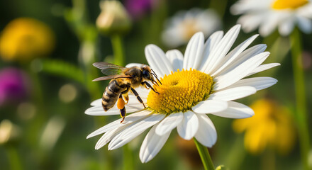 Honeybee collecting nectar from a white daisy flower in a sunny meadow