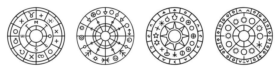 Four symbolic circular diagrams depicting astrological charts and mystical symbols arrangement