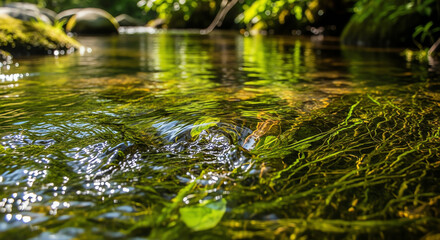 Clear flowing stream water with green aquatic plants and dappled sunlight