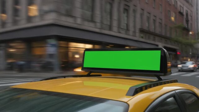 Yellow taxi with green screen billboard on roof driving through city street with blurred background