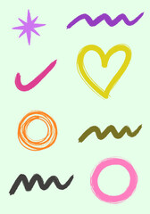 Obraz premium Colorful vector illustration of hand-drawn brush strokes with star, heart, checkmark, wavy lines, and circles, perfect for playful designs
