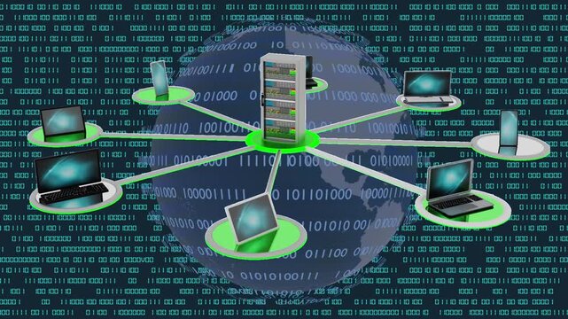 Server centrale attorno a cui ruotano dispositivi informatici: pc notebook, smartphone, tablet. Simboleggia la connessione globale nel mondo tra utenti della rete digitale internet. Linguaggio binario