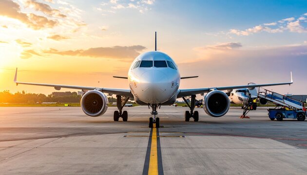 A sleek Boeing airliner rests on the airport runway at sunset, highlighting the beauty of aviation travel as the jet engine gleams under a golden sky before its next business flight
