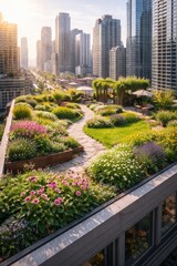 Fototapeta premium City rooftop garden with green space and urban buildings in background 