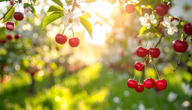A bunch of ripe red cherries hangs from a leafy green branch on a fruit tree in a sunny summer garden, showcasing fresh juicy berries in a healthy nature scene