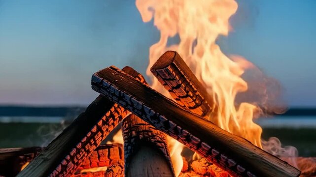 Warmth of Campfire: The crackling flames of a campfire dance against the twilight sky, casting a warm glow on the weathered wood, evoking feelings of comfort, and the simplicity of nature.