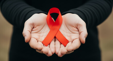 Hands holding a red ribbon, symbol of AIDS awareness and support