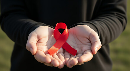 Hands holding red ribbon for hiv awareness and support