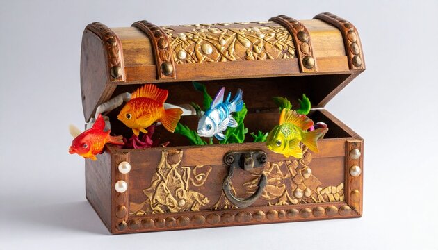 An antique wooden treasure chest with a gold lock sits as an isolated vintage container of wealth and jewelry
