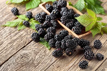 Fotobehang Eten Ripe juicy blackberries with leaves on a wooden table.  © Igor Normann