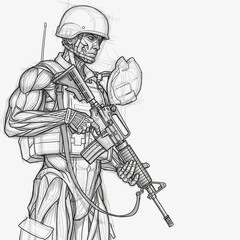 Fototapeta premium Soldier with visible muscles and rifle, sketch style