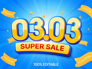 Colorful 3.3 super sale event banner, featuring bold yellow numbers, March 3 Super Sale text, flying coupon tickets, sparkling stars, and a bright blue rays background. 3d vector. Vector illustration © Van