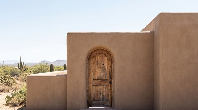 Desert adobe building entrance with rustic wooden door and cacti