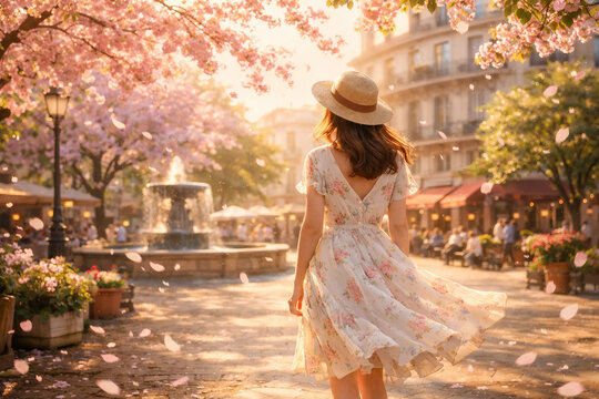 Elegant woman in floral dress walking through sunlit city square with cherry blossoms and fountain. Romantic spring atmosphere with soft golden light.