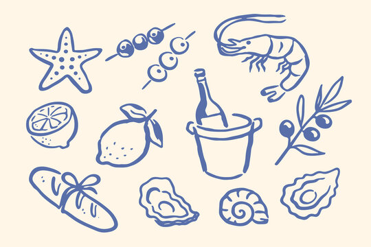 Mediterranean seafood wine doodle set vector illustration