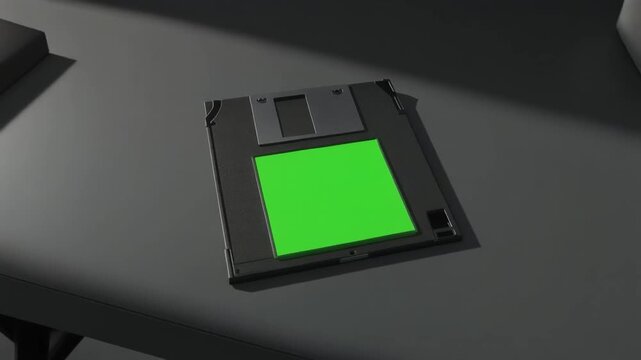 Close-up view of a vintage floppy disk with a green screen for data or information display, symbolizing technology and digital storage