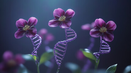 DNA strand with purple flower blooming on top, symbolizing genetic growth and nature fusion, soft light and blurred background create serene and inspiring atmosphere
