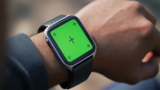 Close-up of a person's hand wearing a modern smartwatch with a vibrant green screen and a crosshair symbol, perfect for mock-ups and digital content display, emphasizing technology and interactivity