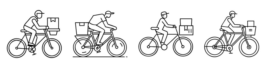 Obraz premium Four bicycle delivery couriers with packages in a line art style