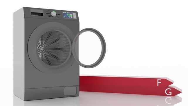 Elettrodomestici. Lavatrice con simbolo di risparmio energetico. Sfondo bianco. Classificazione efficienza - Filmato. Illustrazione 3D