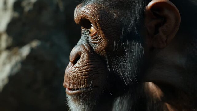 Close up side profile of chimpanzee face with detailed fur and wrinkles