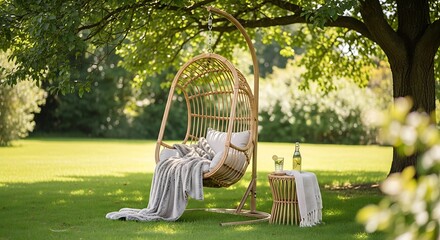 A cozy, bohemian-style hanging egg chair made of natural rattan, suspended from a sturdy wooden stand.