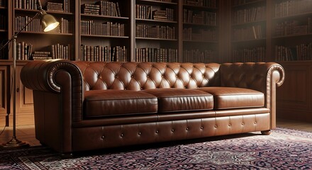 A deep brown, vintage leather chesterfield sofa with deep button tufting and rolled arms, placed in a traditional English library setting.