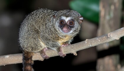 Slow loris perched on branch in forest