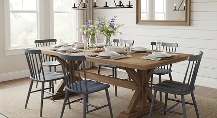 A large, rustic farmhouse dining table made of reclaimed barn wood, featuring a sturdy trestle base.