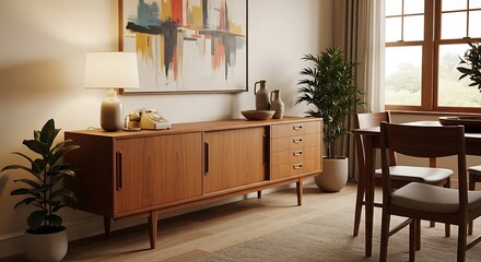 A long, low mid-century modern credenza in teak wood with sliding tambour doors concealing the interior, sitting on tapered legs.