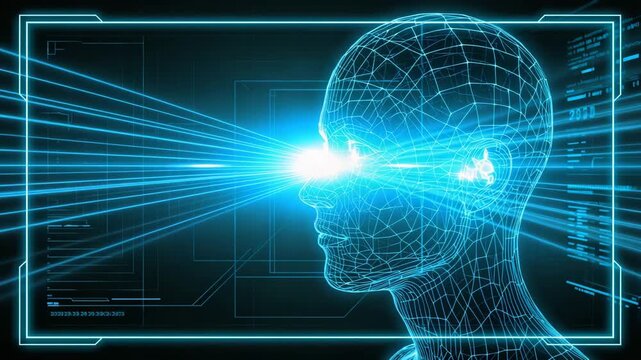 Wireframe human head with blue laser beams projecting from eyes inside digital frame