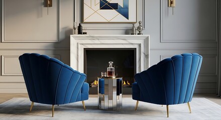 A pair of elegant Art Deco-inspired accent chairs upholstered in rich sapphire blue velvet, featuring fan-shaped backs and gold brass legs.