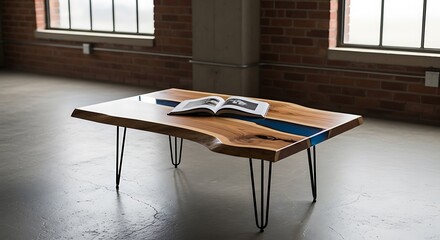 A stunning live edge acacia wood coffee table with natural organic shape, finished with a glossy resin river running through the center in a deep ocean blue.