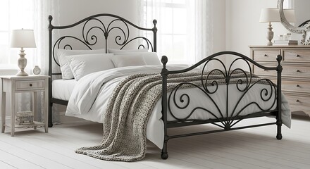 A vintage-inspired wrought iron bed frame painted in matte black, featuring intricate scrolled details on the headboard and footboard.