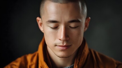 Obraz premium Intimate portrait of a young man meditating with eyes closed wearing an orange robe