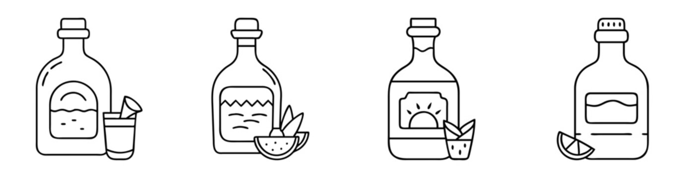 Outlined graphics of bottles of alcoholic beverages paired with mixers and fruit