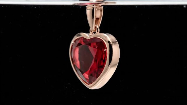 Elegant rose gold heart pendant with a deep red gemstone partially submerged in water against a black background.