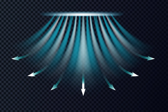 Abstract airflow arrows with wind flow effect. Blue cool air and hot heat streams for conditioner concept, light dynamic motion. Vector illustration.