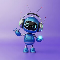 A blue robot with headphones and antennae stands against a purple background, waving its hand. isolated on white background