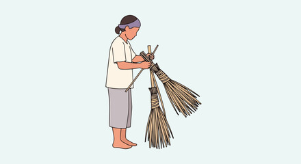 Obraz premium Traditional craftsman making handmade brooms from natural materials, illustrating sustainable crafting and rural lifestyle