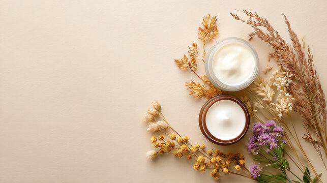 Jar of cream with flowers on beige background, top view. Beauty treatment