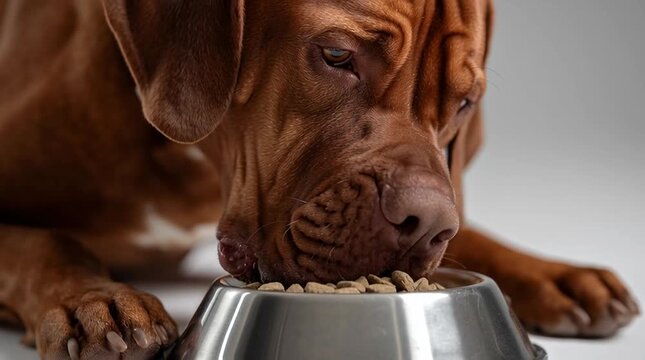 Close up of a large brown dog happily eating dry kibble food from a silver metal bowl