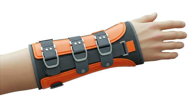 Orange and gray wrist brace with buckles on a human arm