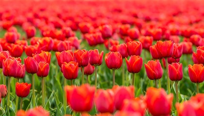 A vibrant field of red tulips with green stems