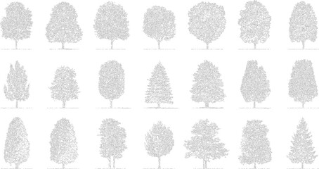 Collection of diverse tree outlines in grayscale dot style. Various deciduous and coniferous shapes are depicted © Pixel Park