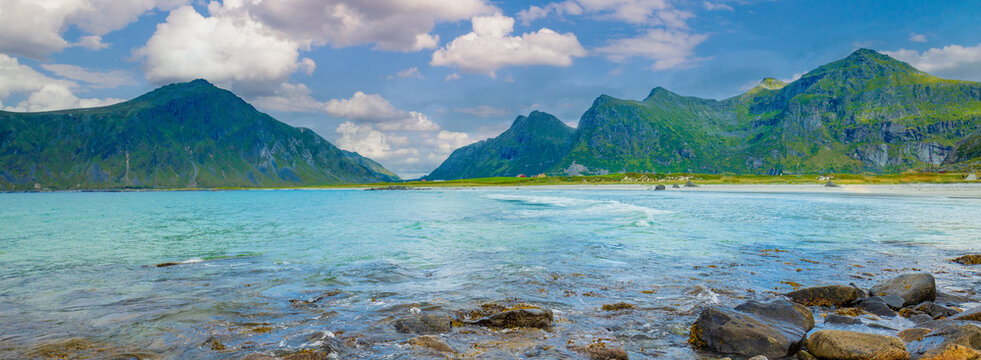Rocky seashore. Wilderness. Beautiful nature Norway. Lofoten islands. Ramberg
