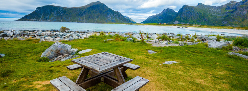 Rocky seashore. A place to relax. The place for a picnic. The beautiful nature of Norway. The Lofoten Islands. Ramberg
