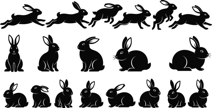 Rabbit silhouettes collection showing running sitting and jumping bunny poses wildlife animal vector illustration set isolated