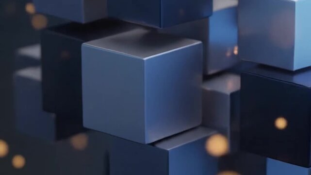 Abstract composition of dark blue and grey cubes floating in space with golden